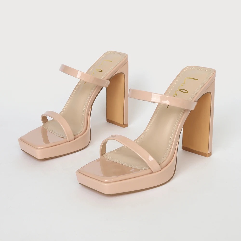 Brand NEW in Box -Lulus Fausee Nude Patent Square Toe Platform Slide Sandals